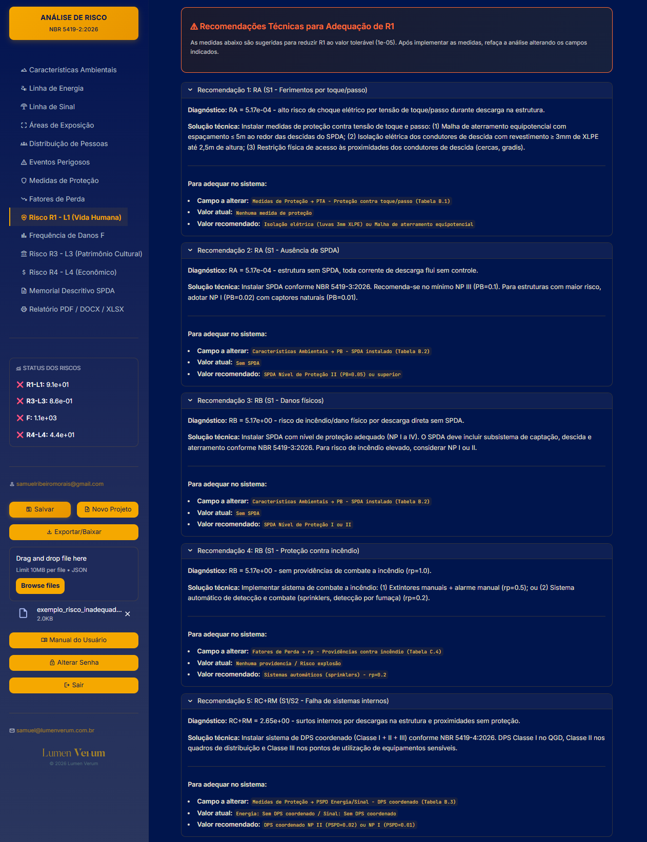 Recomendações técnicas automáticas para adequação do risco R1 (perda de vida humana) quando inadequado — SPDA Risk Analyzer
