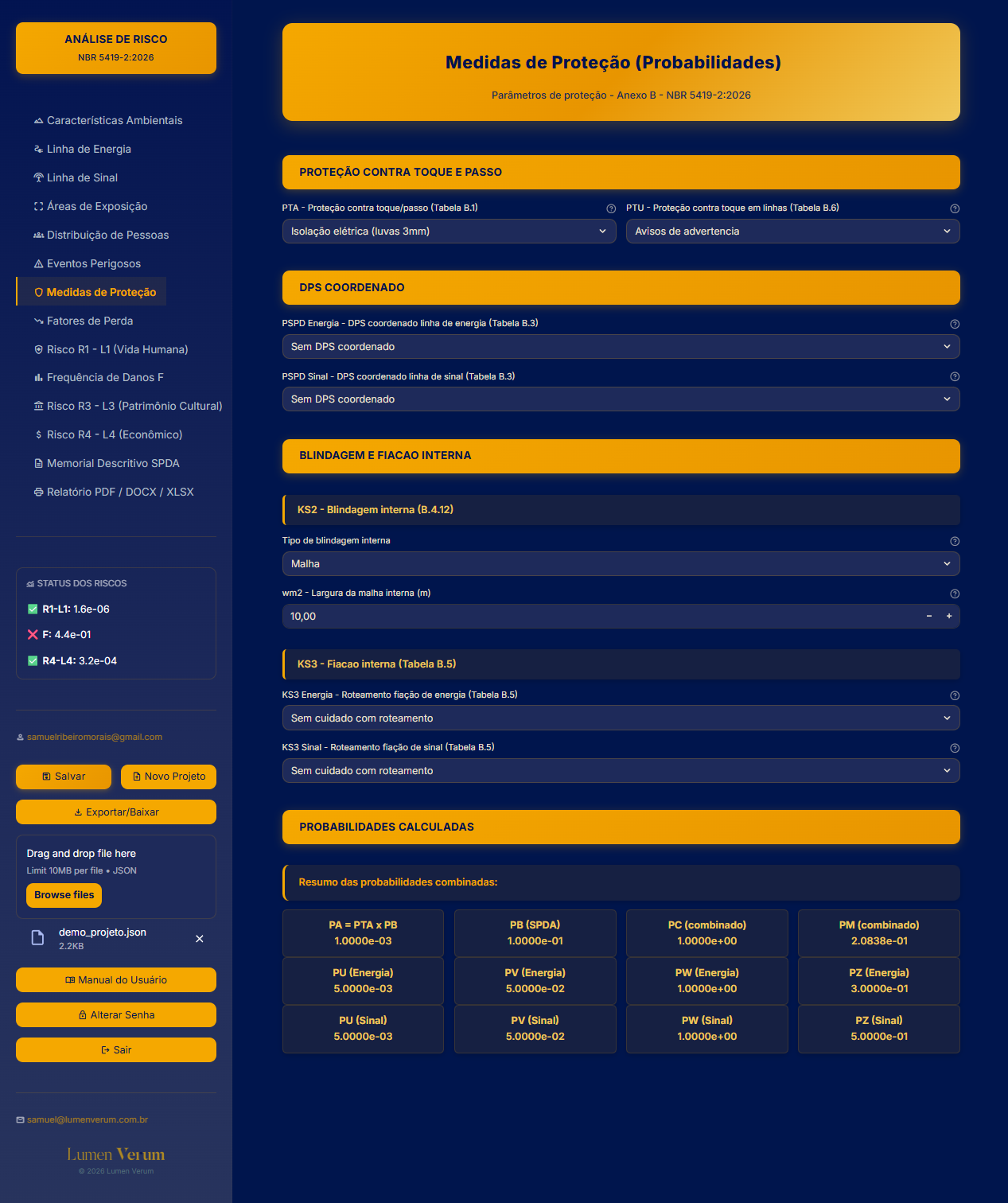 Medidas de proteção e probabilidades calculadas automaticamente conforme Anexo B da NBR 5419-2:2026 — SPDA Risk Analyzer