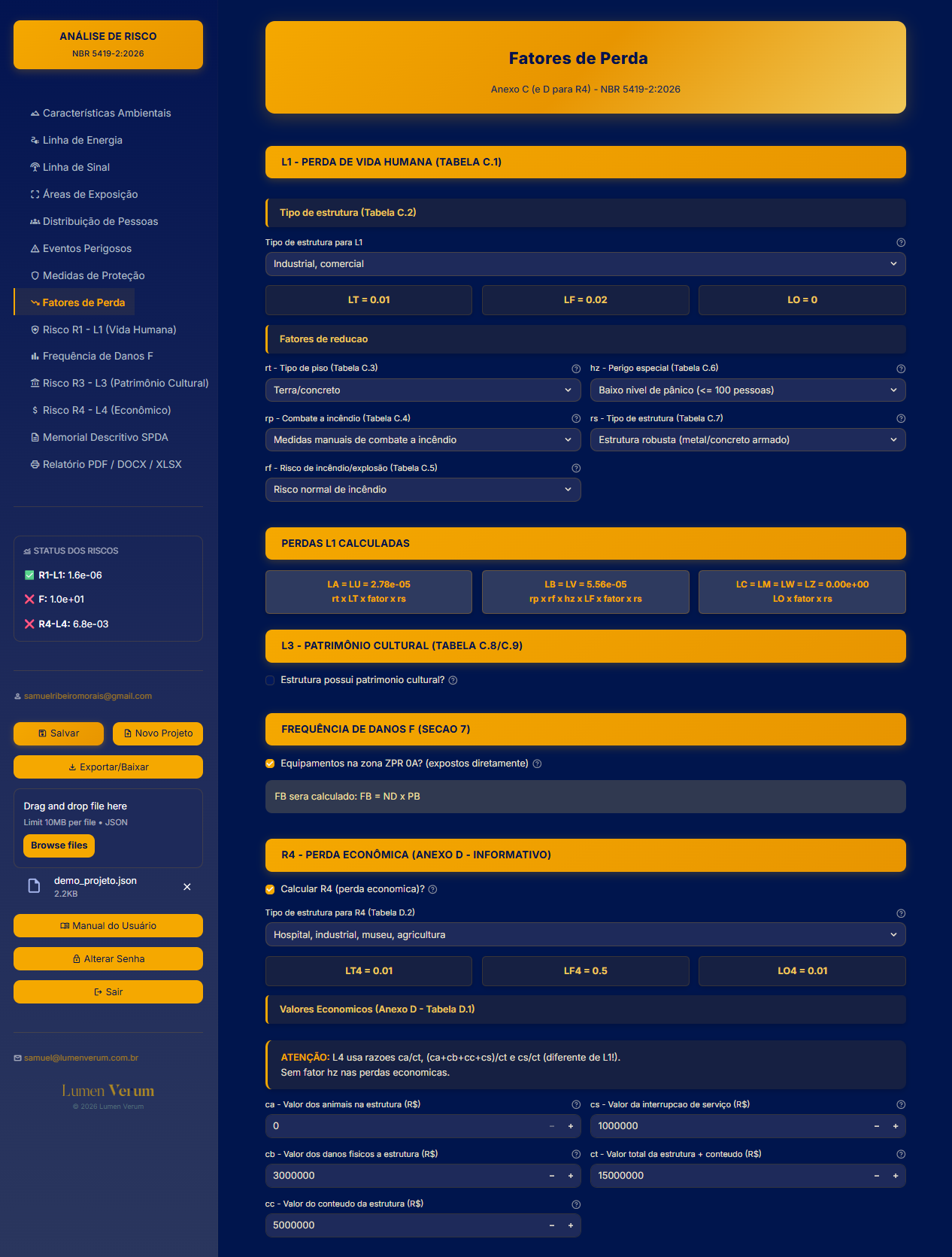 Fatores de perda e parâmetros de risco calculados conforme Tabelas C e D da NBR 5419-2:2026 — SPDA Risk Analyzer