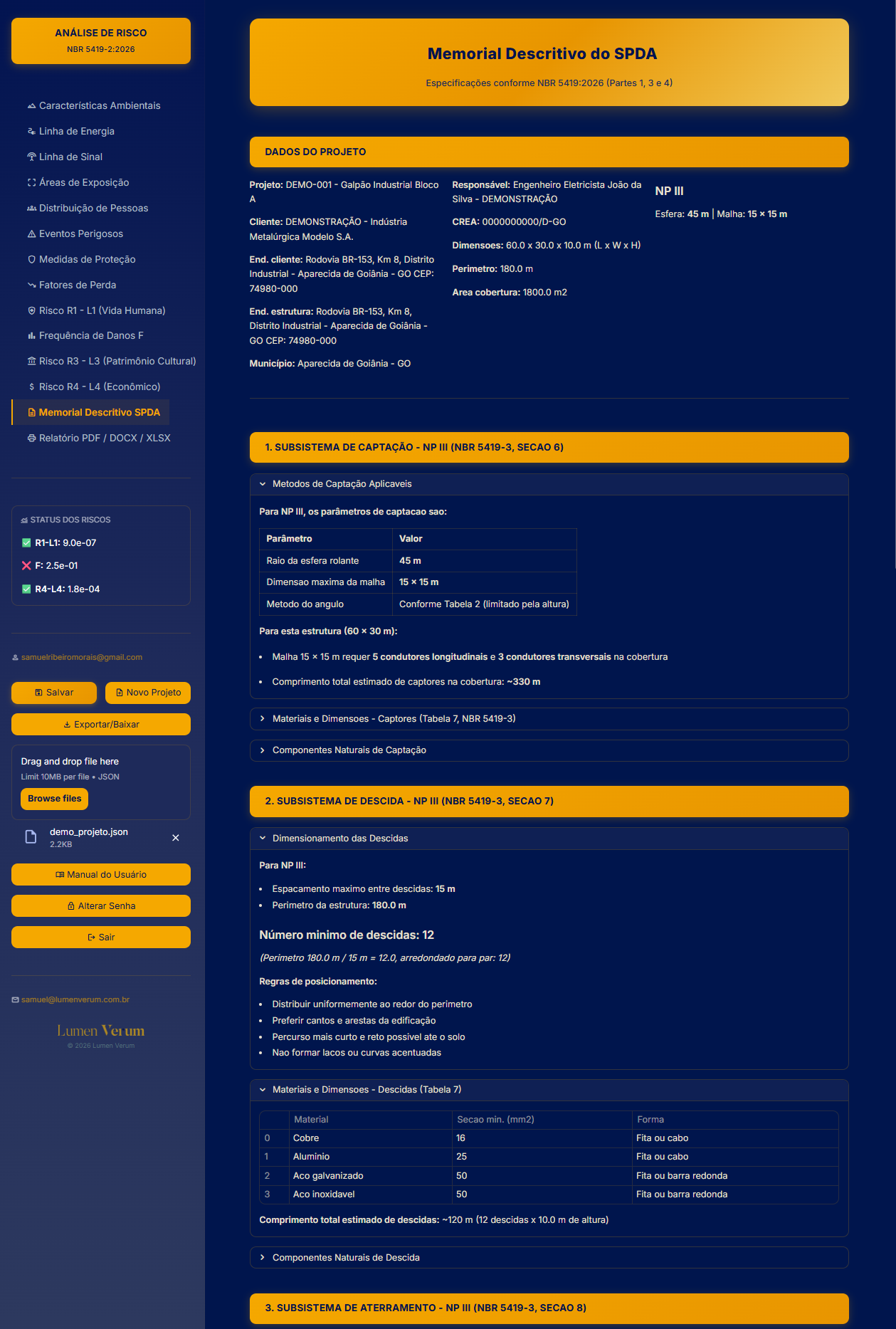 Memorial descritivo do SPDA gerado automaticamente pelo software com dados do projeto, captação, descidas, aterramento e DPS