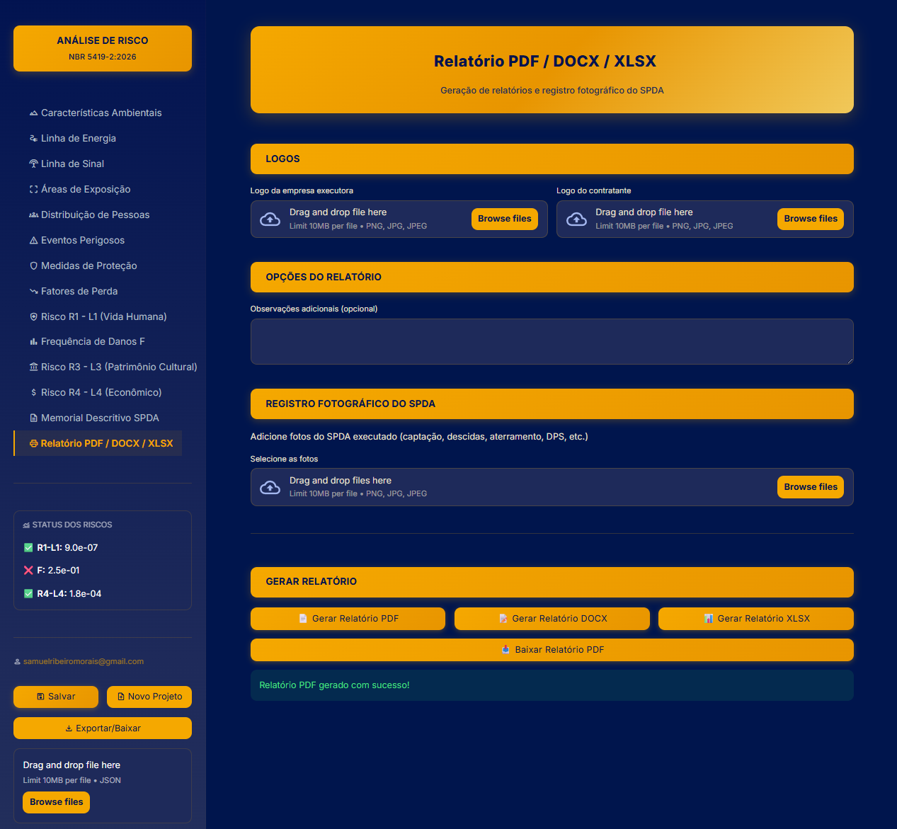 Relatório técnico de análise de risco SPDA em PDF, DOCX e Excel gerado pelo SPDA Risk Analyzer — laudo profissional