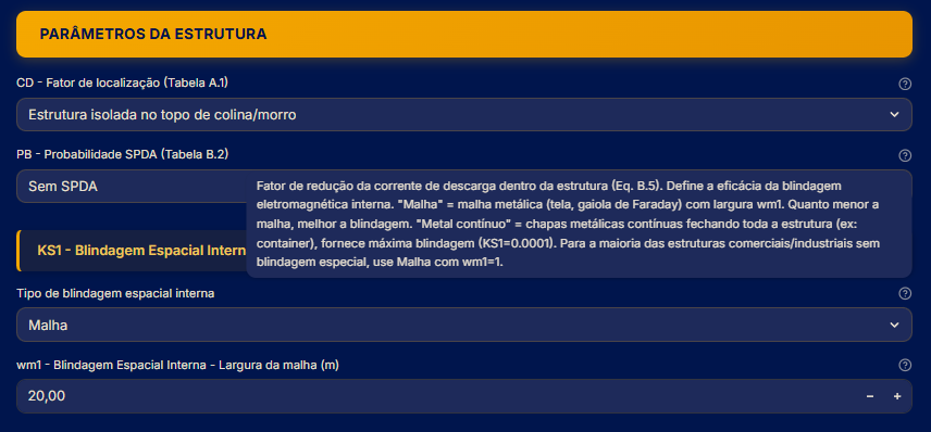 Tooltips de ajuda integrada no SPDA Risk Analyzer